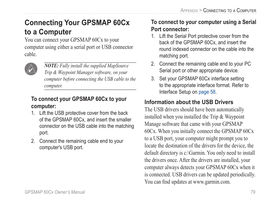 Connecting your gpsmap 60cx to a computer, Connecting your gpsmap 60cx to a, Computer | Garmin GPSMAP 60Cx User Manual | Page 89 / 100