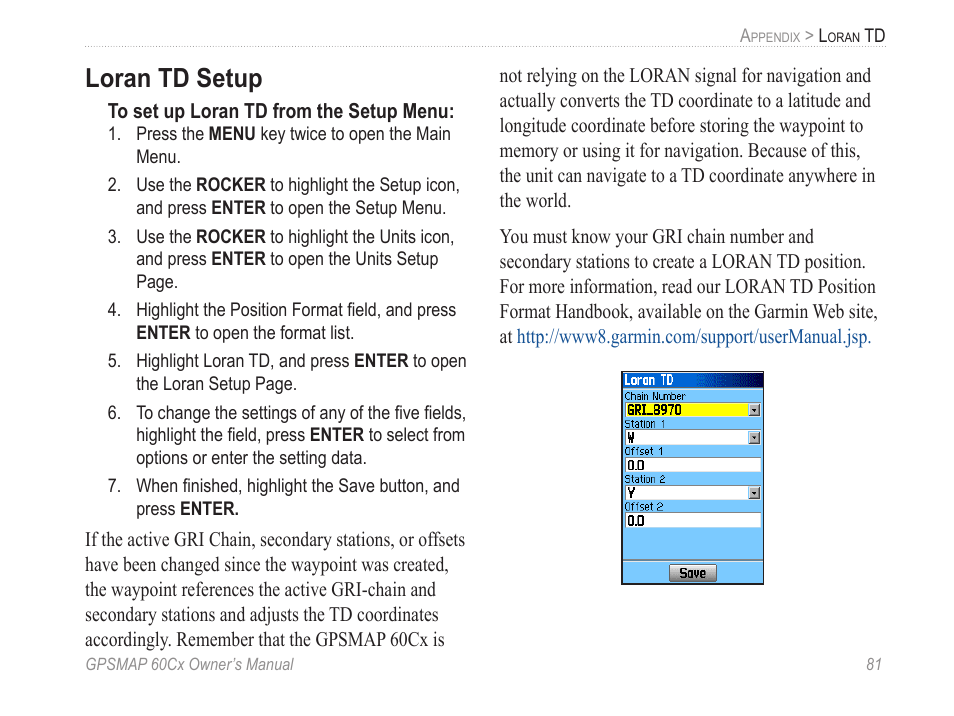 Loran td setup | Garmin GPSMAP 60Cx User Manual | Page 91 / 100
