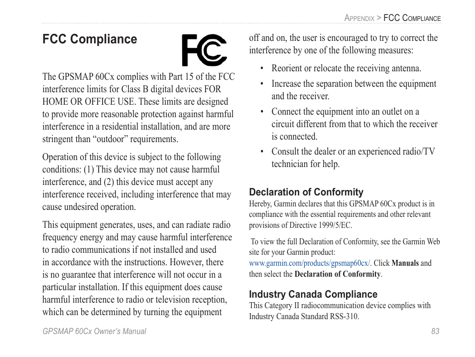 Fcc compliance | Garmin GPSMAP 60Cx User Manual | Page 93 / 100