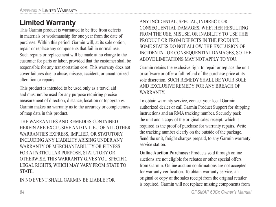Limited warranty | Garmin GPSMAP 60Cx User Manual | Page 94 / 100