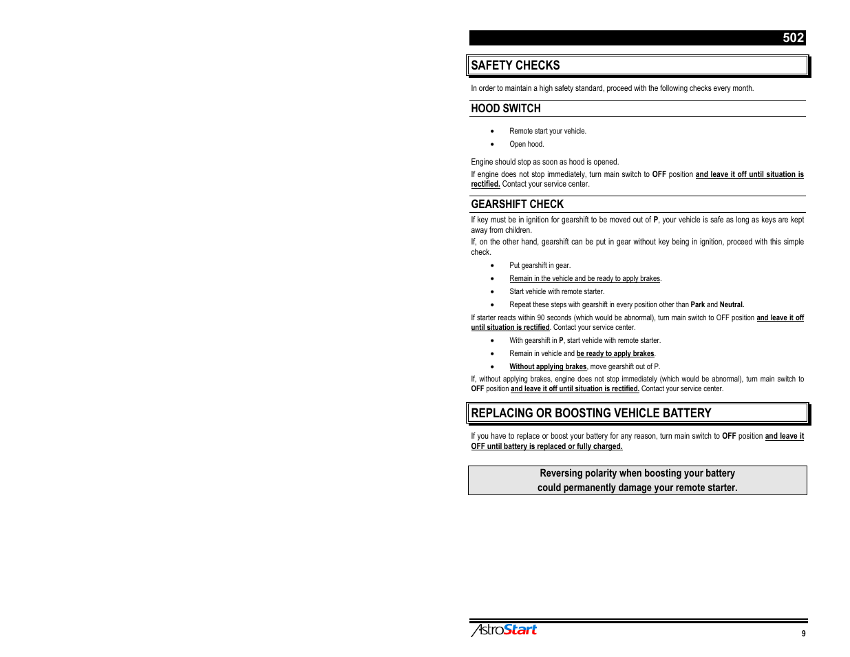 Safety checks, Replacing or boosting vehicle battery, Hood switch | Gearshift check | AstroStart 502 User Manual | Page 11 / 12