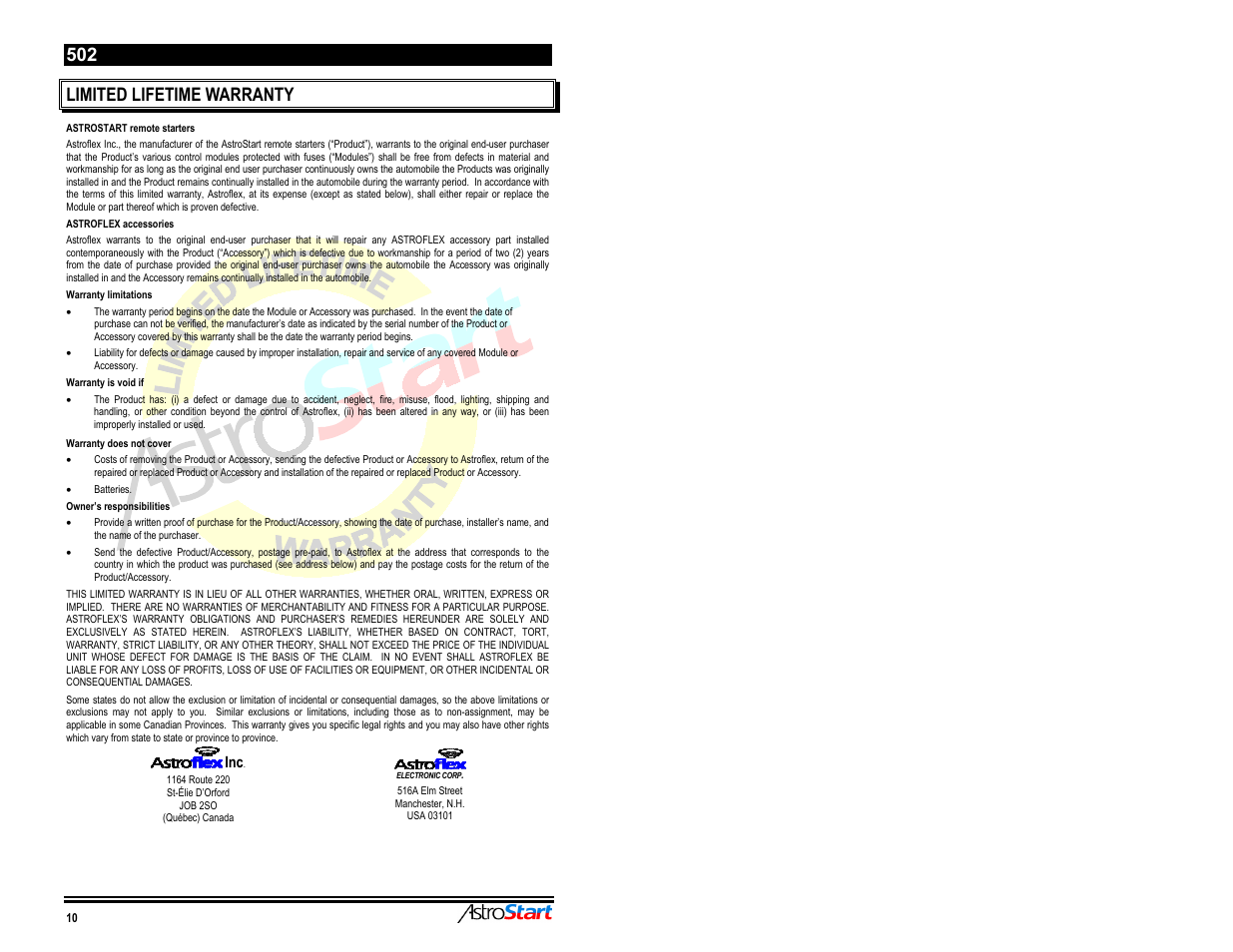 Limited lifetime warranty | AstroStart 502 User Manual | Page 12 / 12