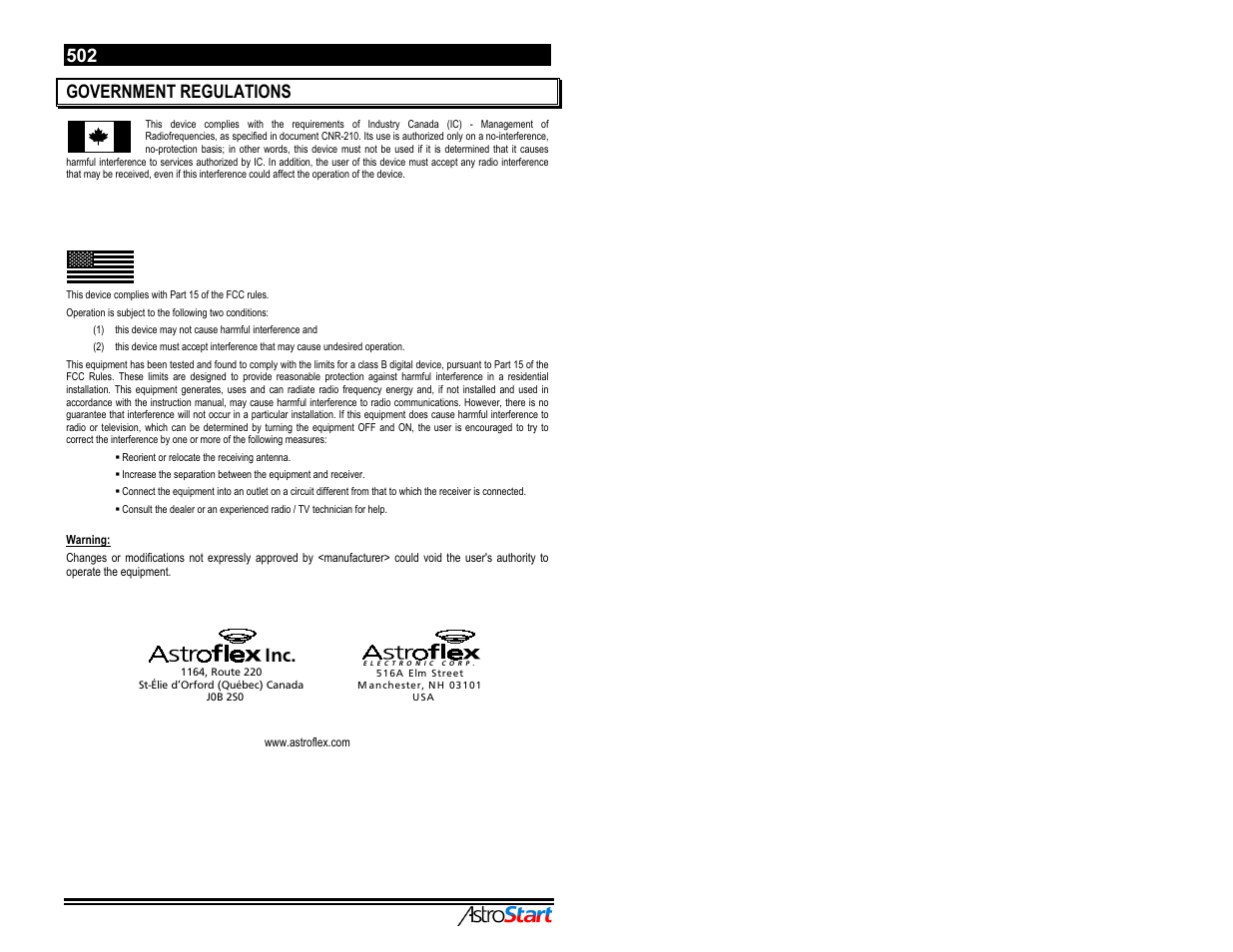 Government regulations | AstroStart 502 User Manual | Page 2 / 12