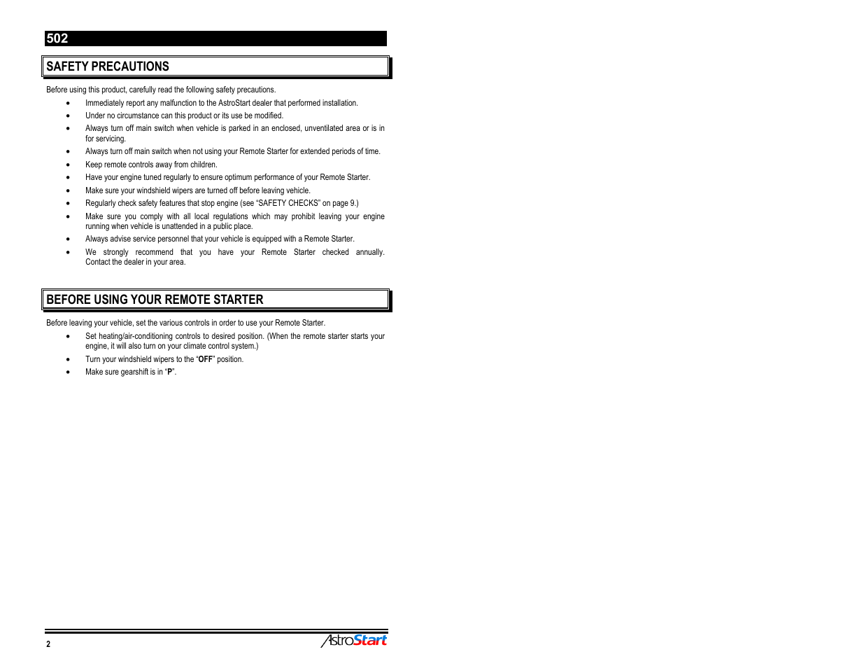 Safety precautions, Before using your remote starter | AstroStart 502 User Manual | Page 4 / 12