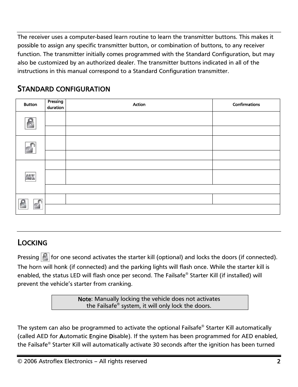 Transmitter functions, Standard configuration, Using your system | Locking, Using your system l, Tandard configuration, Ocking | Astroflex VKE-103 User Manual | Page 4 / 8