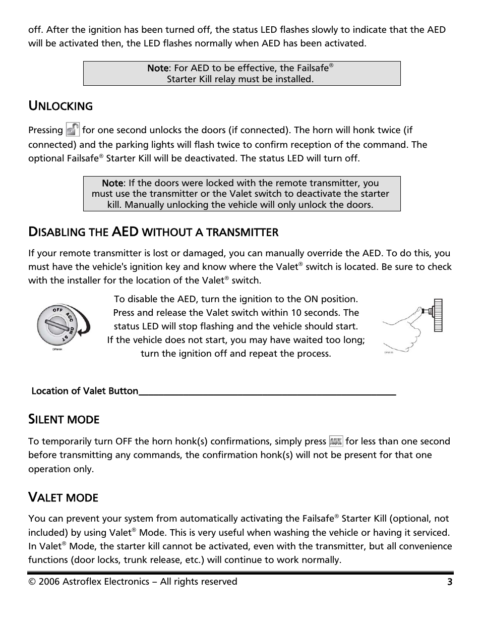 Unlocking, Disabling the aed without a transmitter, Silent mode | Valet mode | Astroflex VKE-103 User Manual | Page 5 / 8