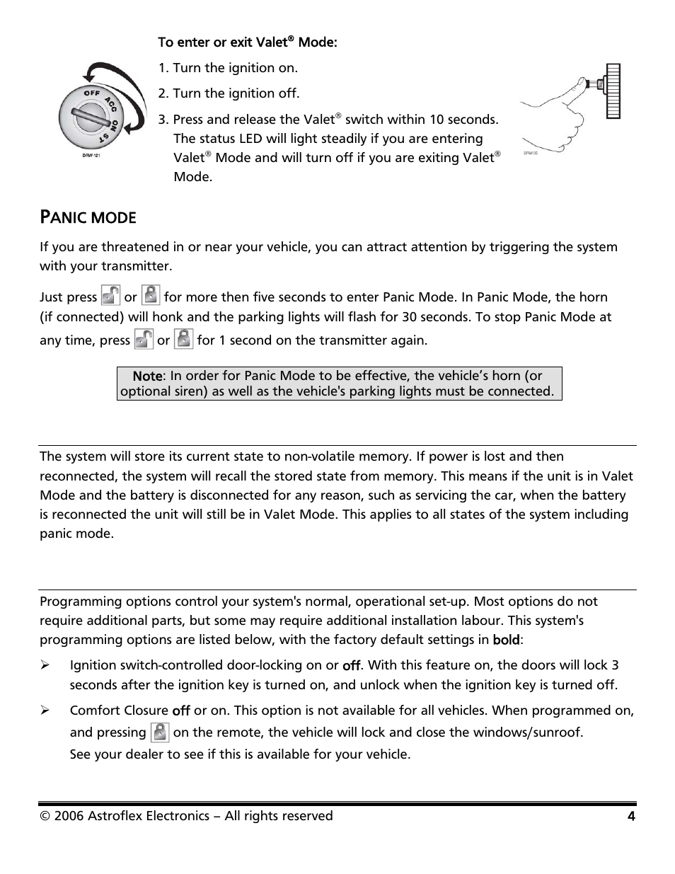 Panic mode, Rapid resume logic, Programming options | Astroflex VKE-103 User Manual | Page 6 / 8