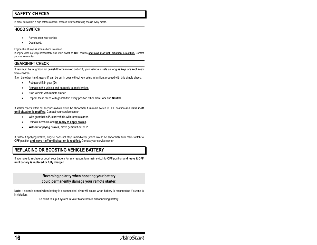 Safety checks, Replacing or boosting vehicle battery, Hood switch | Gearshift check | AstroStart 5204 User Manual | Page 18 / 18