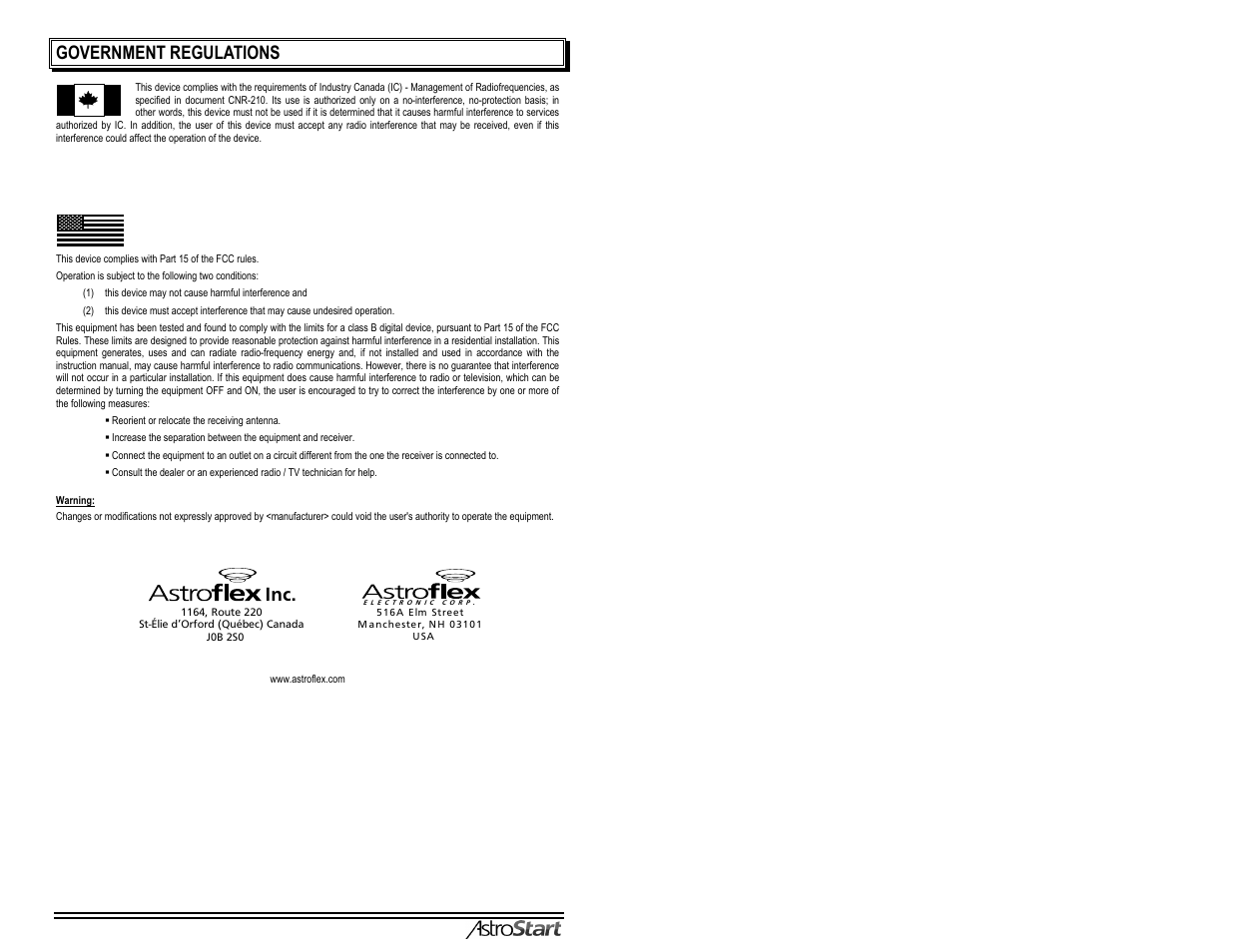 Government regulations | AstroStart 5204 User Manual | Page 2 / 18