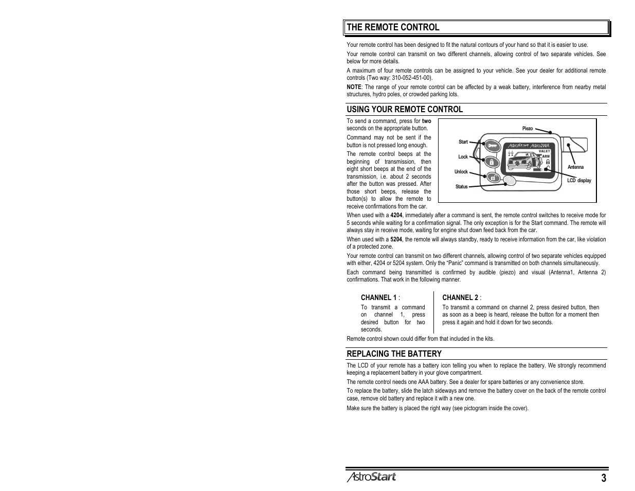 The remote control | AstroStart 5204 User Manual | Page 5 / 18