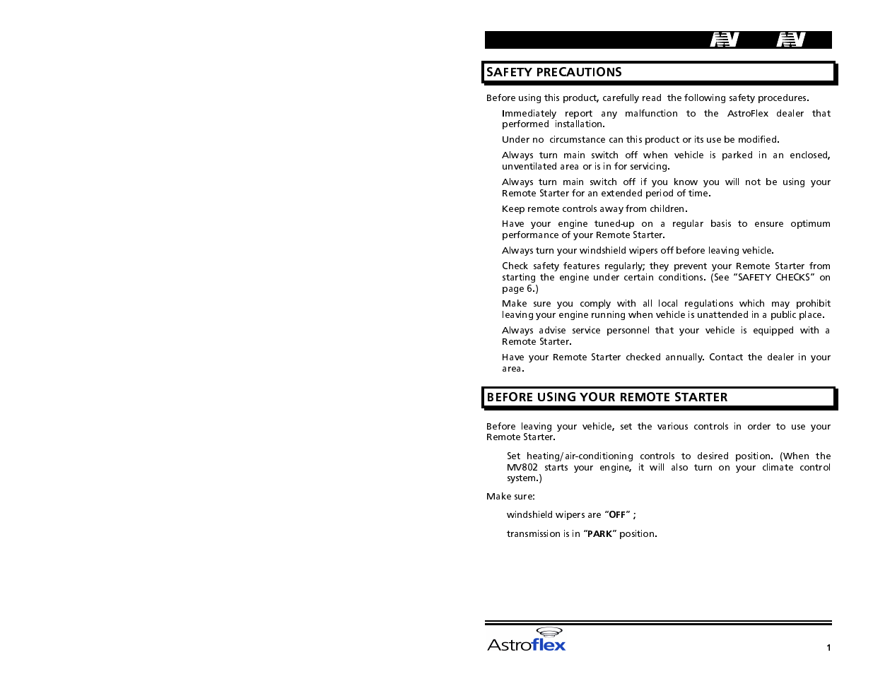 Safety precautions, Before using your remote starter, M^sqì ^^802 | AstroStart MV-801/802 User Manual | Page 3 / 10