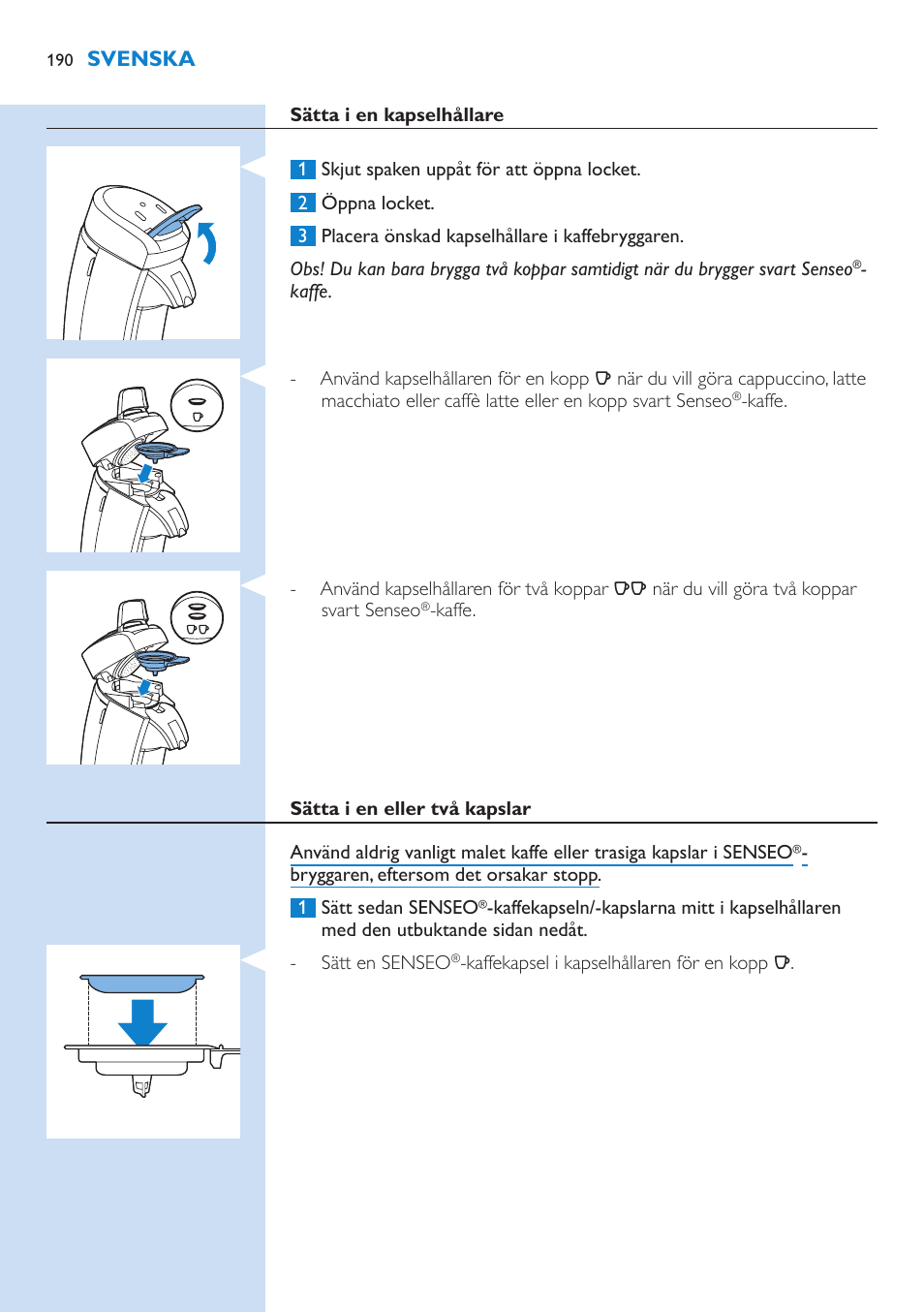 Svenska | Philips SENSEO® Latte Select Kaffeepadmaschine User Manual | Page 190 / 210