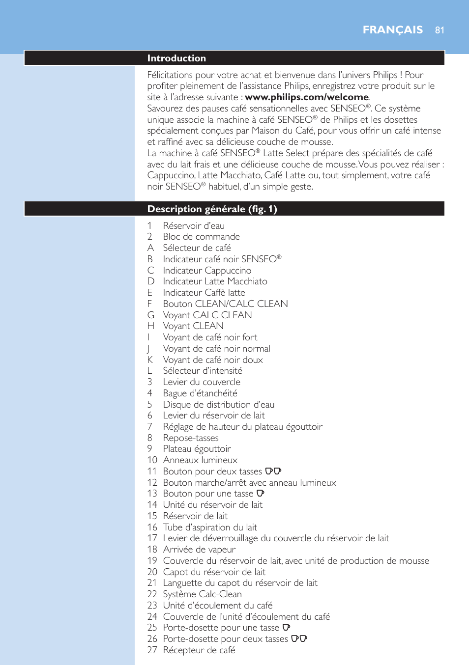 Français, Français 81 | Philips SENSEO® Latte Select Kaffeepadmaschine User Manual | Page 81 / 210