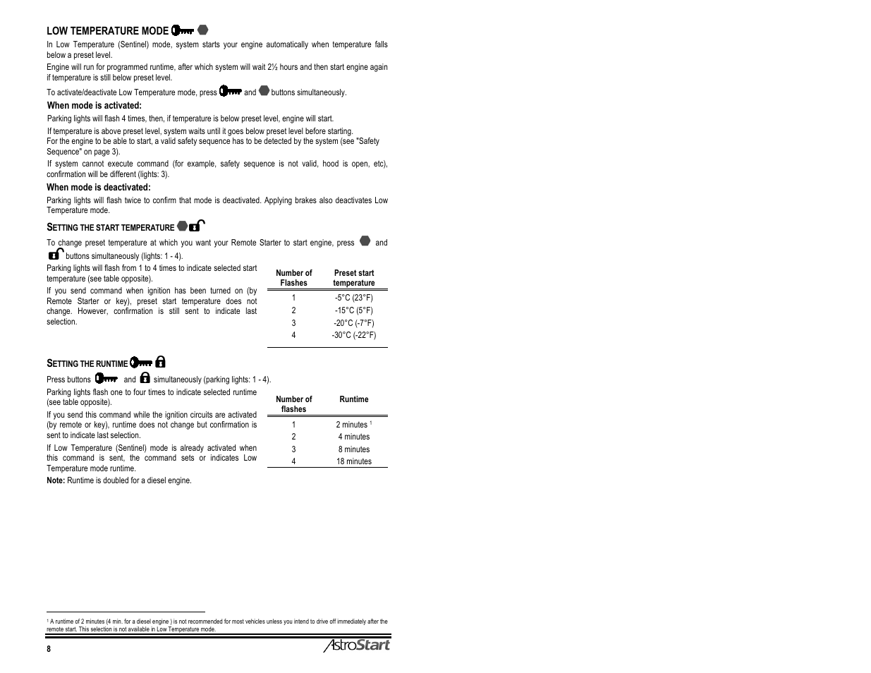 Low temperature mode, Istrostart, When mode is activated | When mode is deactivated | AstroStart 3106M User Manual | Page 10 / 20