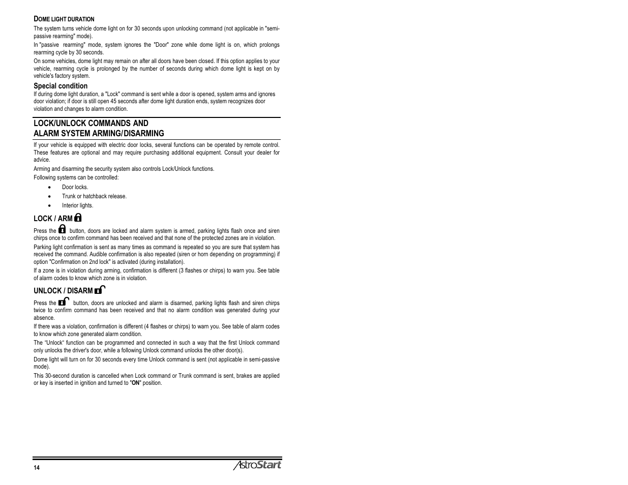 Special condition, Lock/armfì, Unlock/disarm it | Istrostart | AstroStart 3106M User Manual | Page 16 / 20
