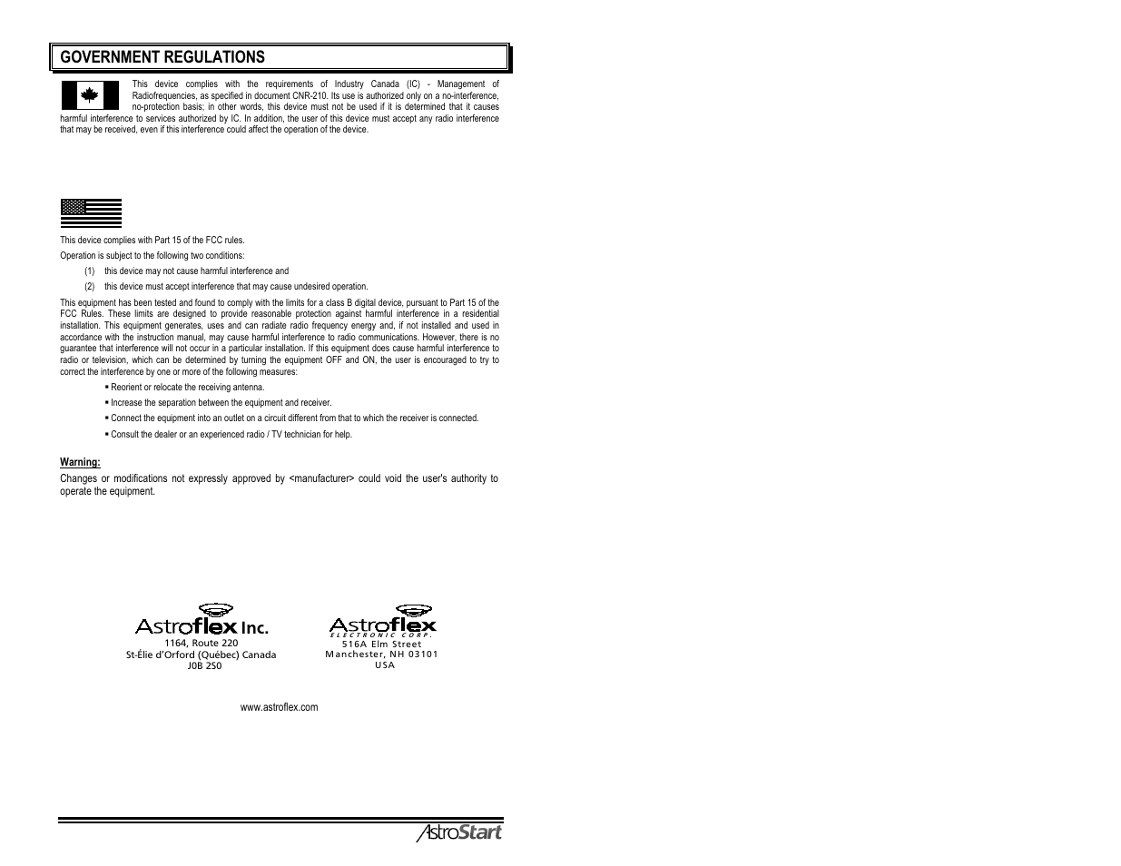 Astrof lex, Astroflex, Istrostart | Government regulations | AstroStart 3106M User Manual | Page 2 / 20