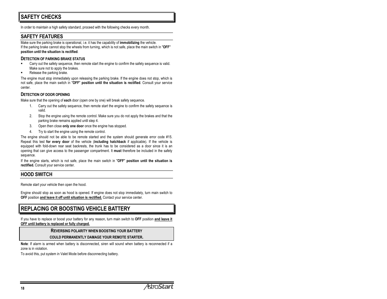 Safety features, Hood switch, Istrostart | Safety checks | AstroStart 3106M User Manual | Page 20 / 20