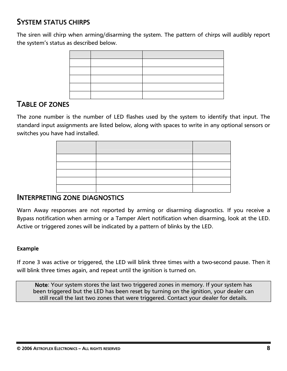 System status chirps, Table of zones, Interpreting zone diagnostics | Ystem status chirps, Able of zones, Nterpreting zone diagnostics | AstroStart Security System VSS-113 User Manual | Page 10 / 18