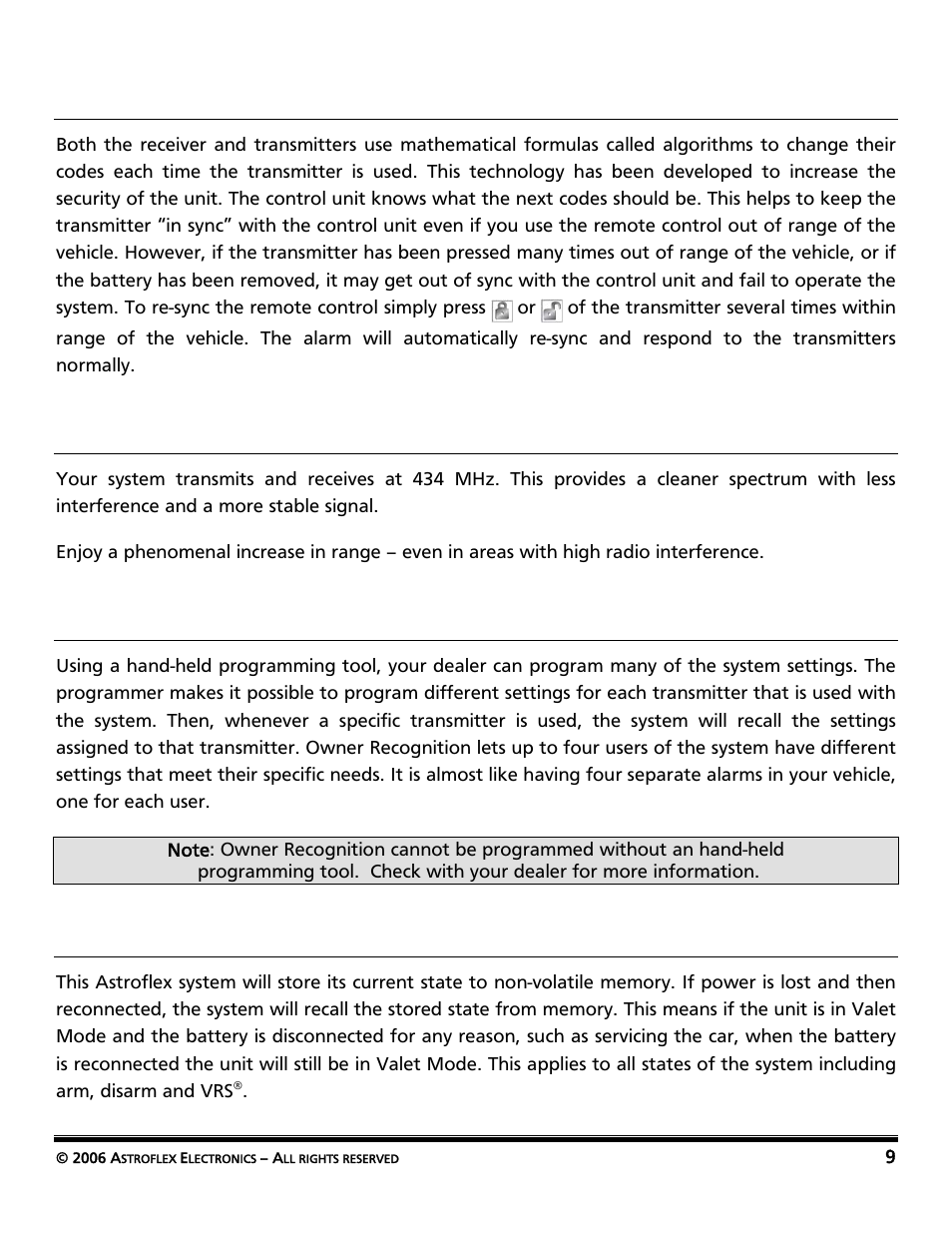 Code hopping, High frequency, Owner recognition | Rapid resume logic | AstroStart Security System VSS-113 User Manual | Page 11 / 18