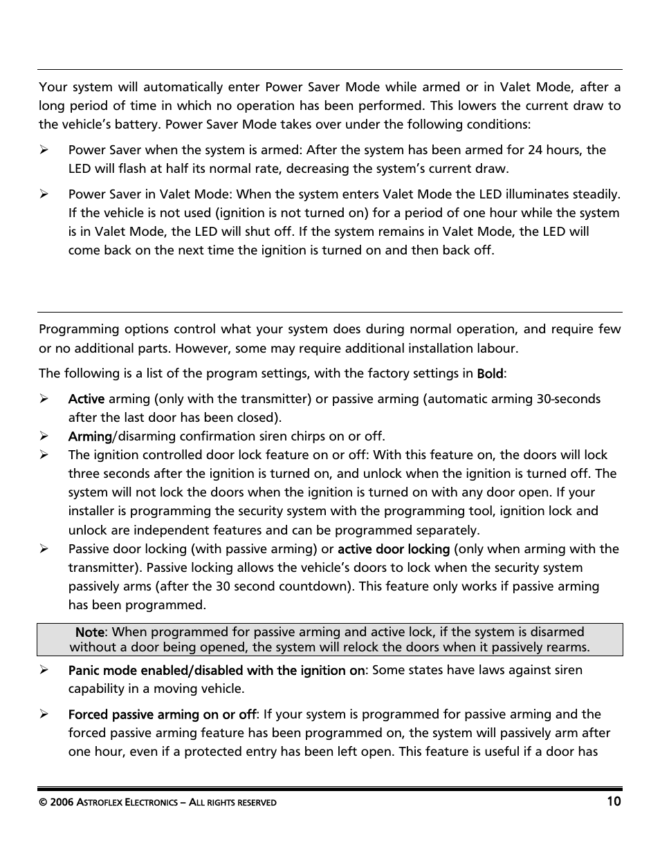Power saver mode, Programming options | AstroStart Security System VSS-113 User Manual | Page 12 / 18