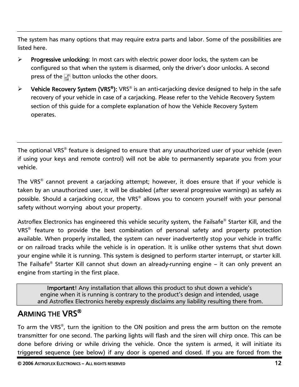 Installation options, Vehicle recovery system (vrs® ), Arming the vrs | Vehicle recovery system (vrs, Rming the | AstroStart Security System VSS-113 User Manual | Page 14 / 18