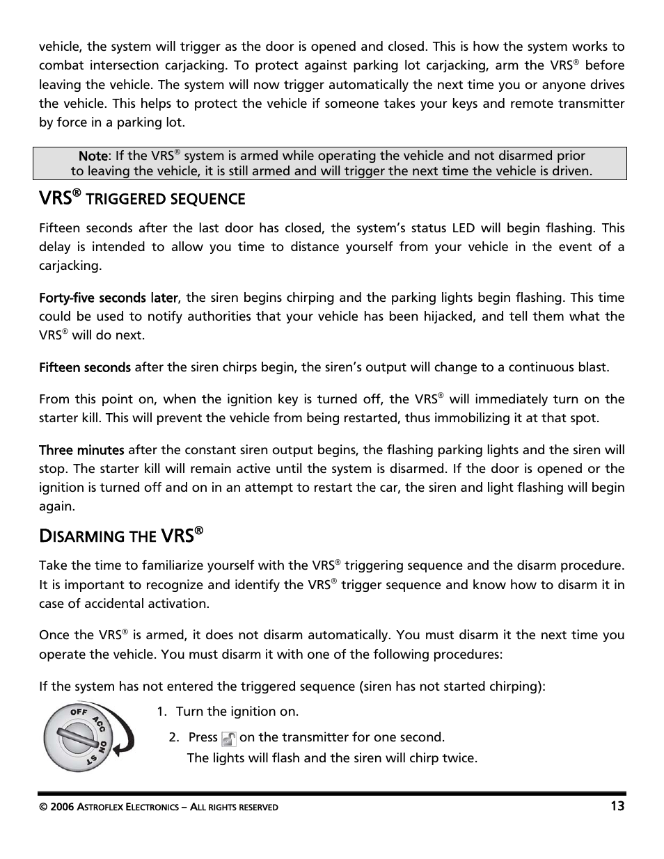 Vrs® triggered sequence, Disarming the vrs, Triggered sequence | Isarming the | AstroStart Security System VSS-113 User Manual | Page 15 / 18