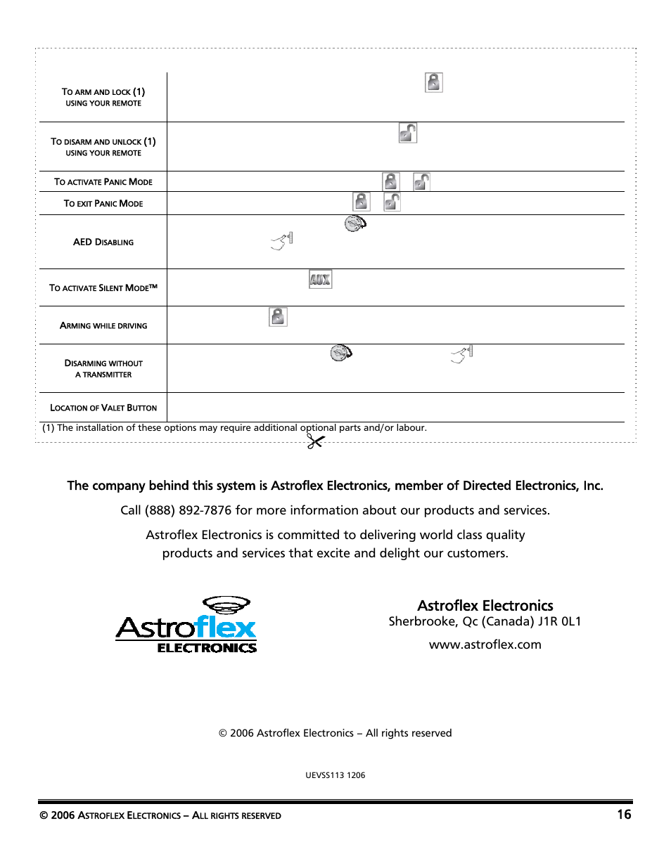 Reference guide, Astroflex electronics, Sherbrooke, qc (canada) j1r 0l1 | AstroStart Security System VSS-113 User Manual | Page 18 / 18