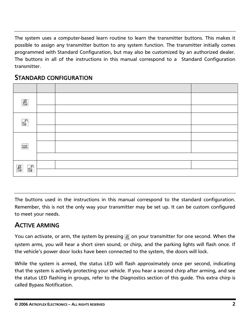 Transmitter functions, Standard configuration, Using your system | Active arming, Tandard configuration, Ctive arming | AstroStart Security System VSS-113 User Manual | Page 4 / 18