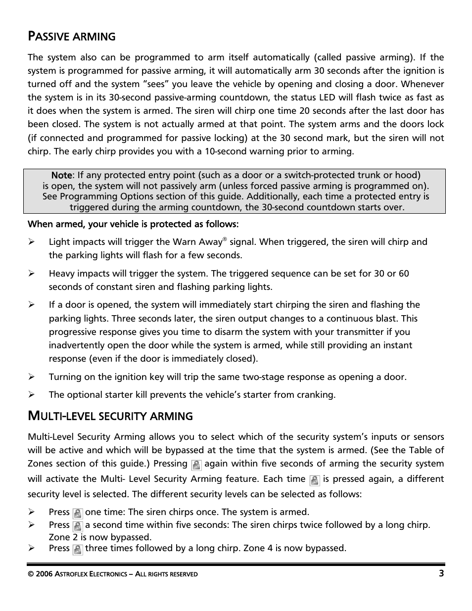 Passive arming, Multi-level security arming | AstroStart Security System VSS-113 User Manual | Page 5 / 18