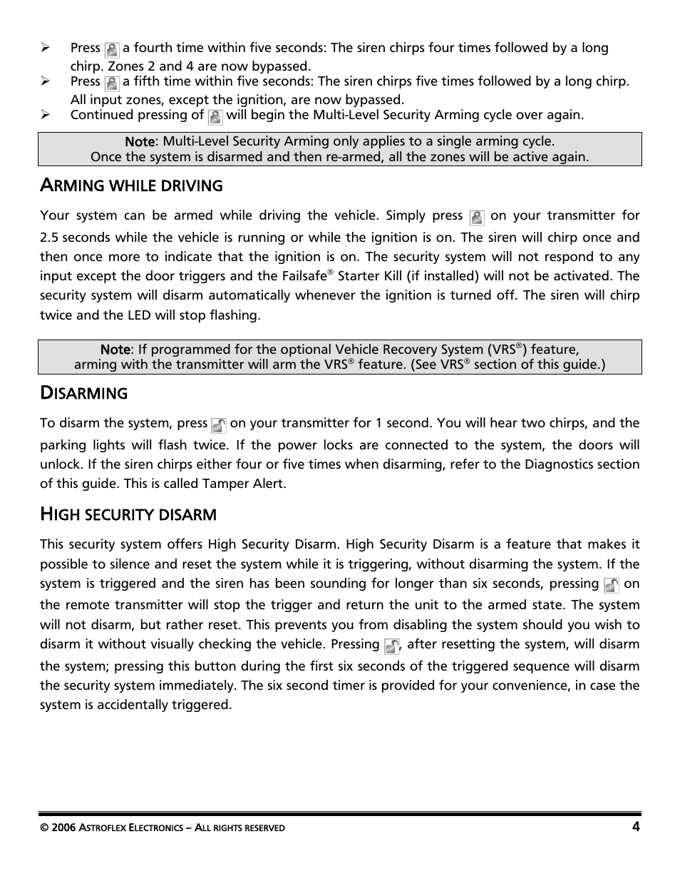 Arming while driving, Disarming, High security disarm | AstroStart Security System VSS-113 User Manual | Page 6 / 18