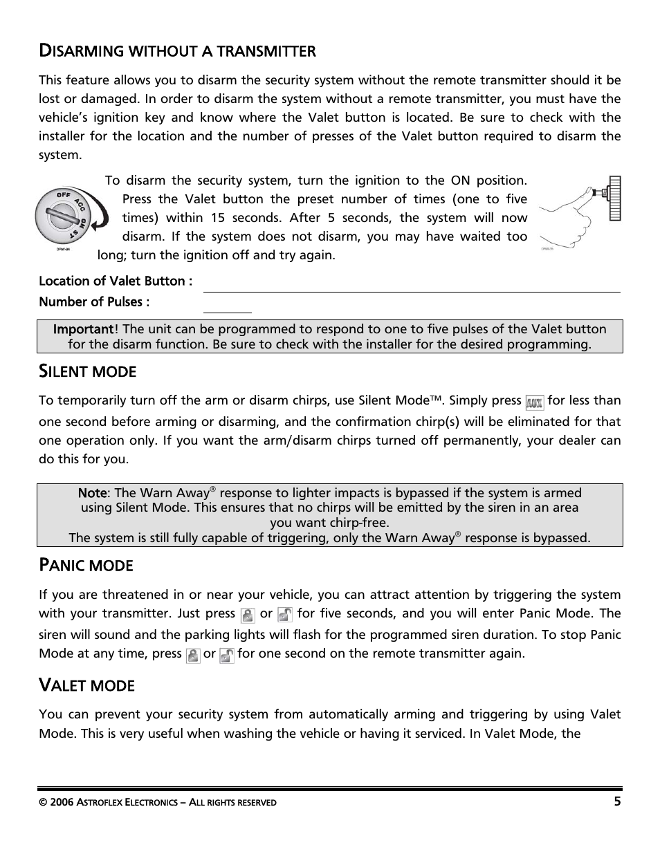 Disarming without a transmitter, Silent mode, Panic mode | Valet mode | AstroStart Security System VSS-113 User Manual | Page 7 / 18