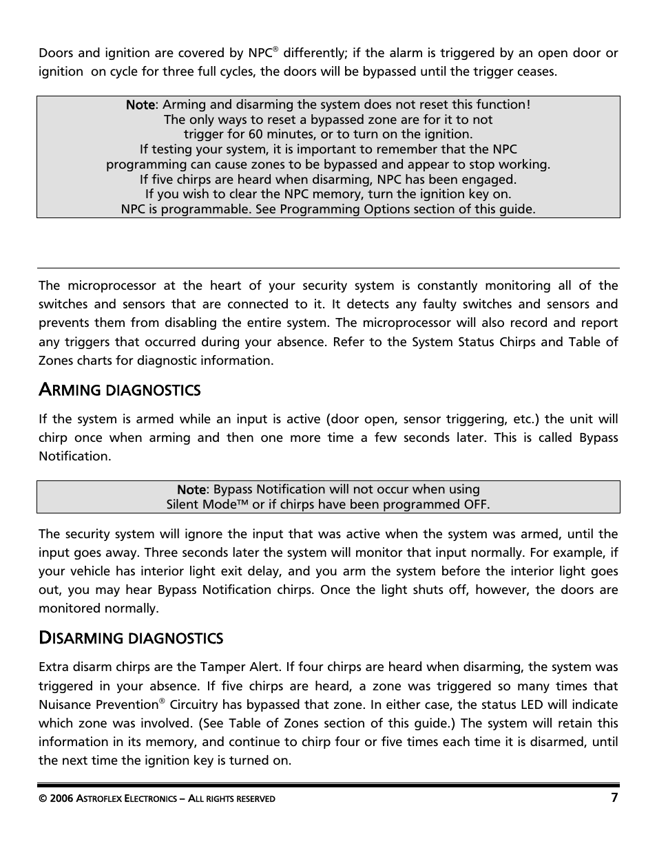 Diagnostics, Arming diagnostics, Disarming diagnostics | AstroStart Security System VSS-113 User Manual | Page 9 / 18