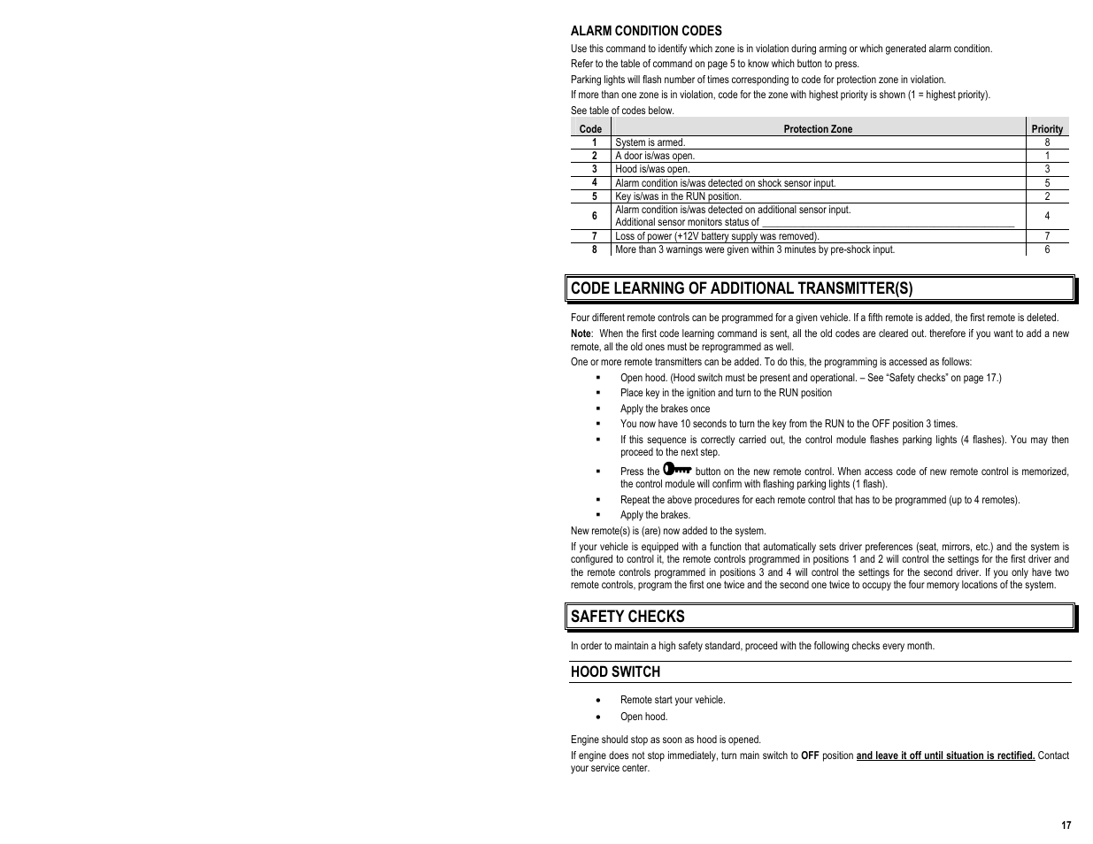 Code learning of additional transmitter(s), Safety checks, Hood switch | AstroStart 2504A User Manual | Page 19 / 20