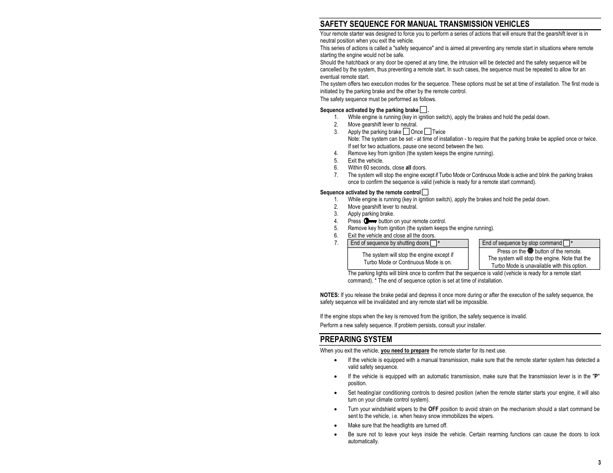 Safety sequence for manual transmission vehicles, Preparing system | AstroStart 2504A User Manual | Page 5 / 20