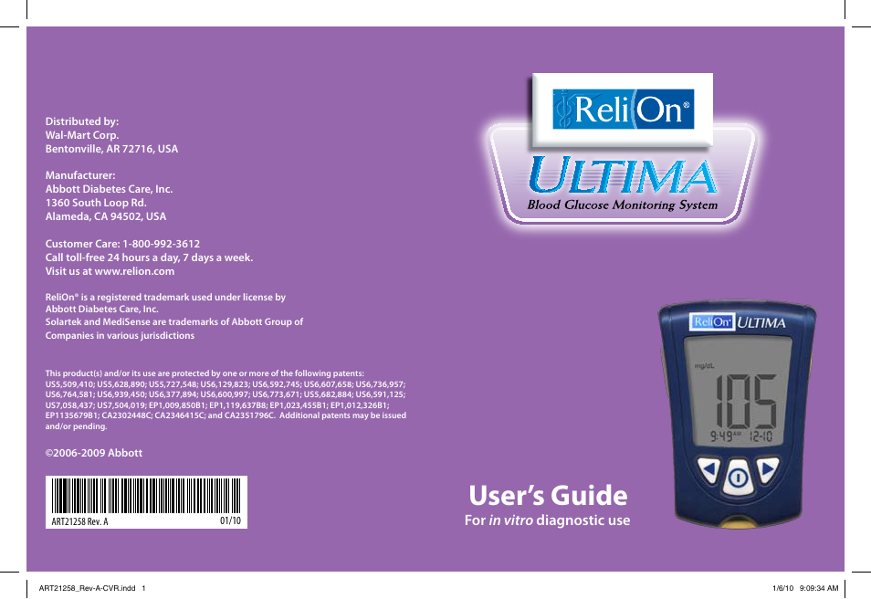 Abbott Diabetes Care Blood Glucose Monitoring System ART21258 User Manual | 53 pages