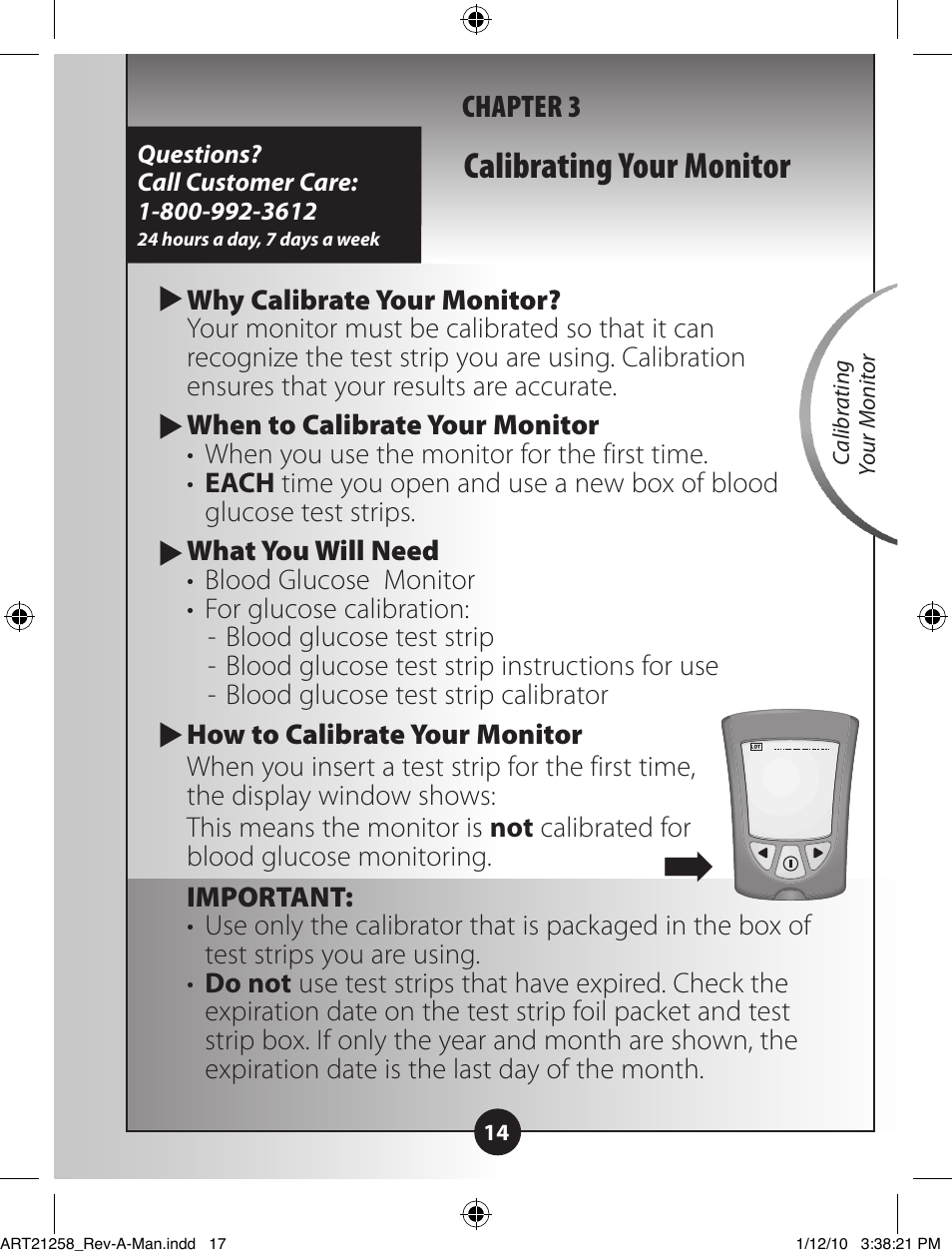 Calibrating your monitor, Chapter 3 | Abbott Diabetes Care Blood Glucose Monitoring System ART21258 User Manual | Page 18 / 53