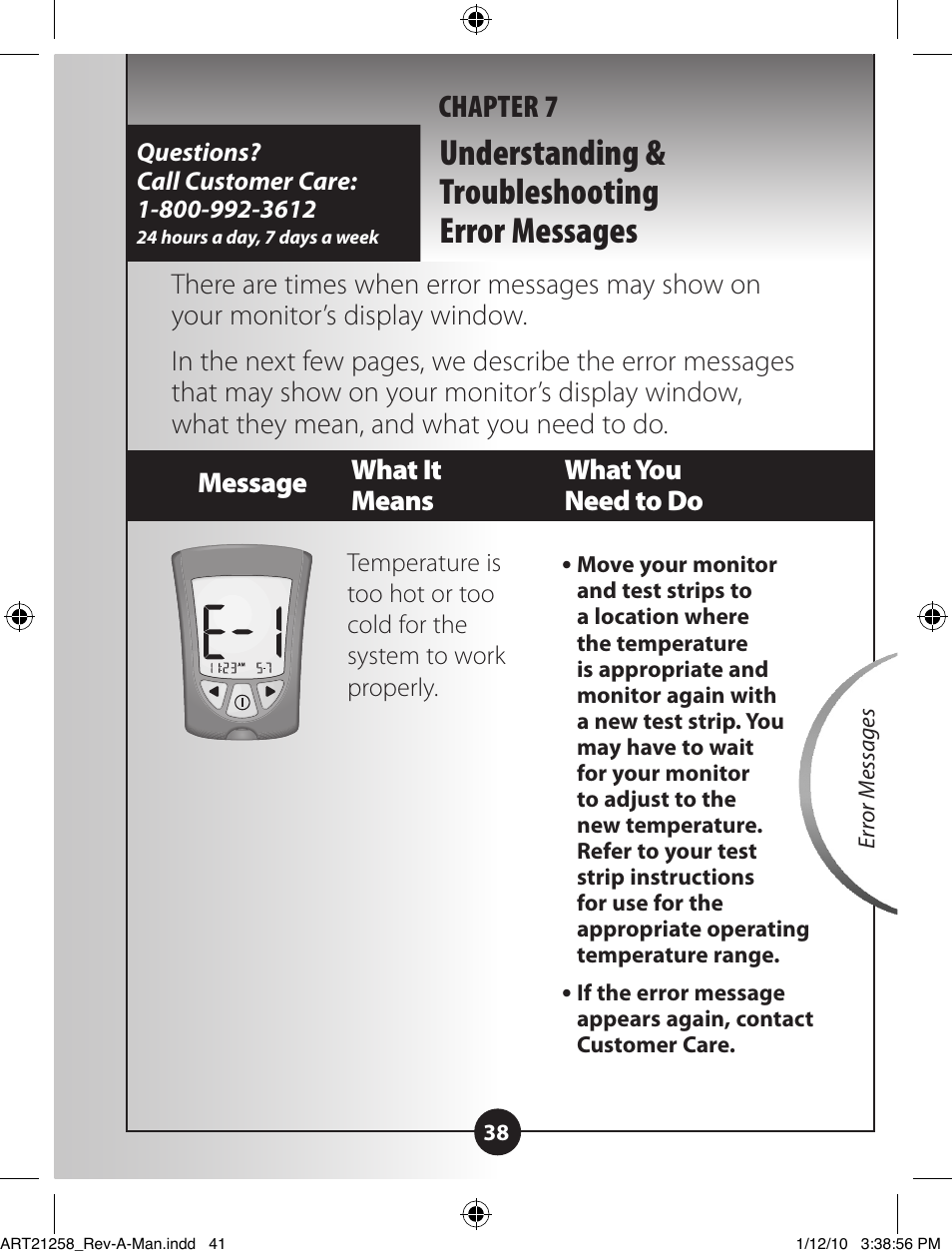 Understanding & troubleshooting error messages, Chapter 7 | Abbott Diabetes Care Blood Glucose Monitoring System ART21258 User Manual | Page 42 / 53