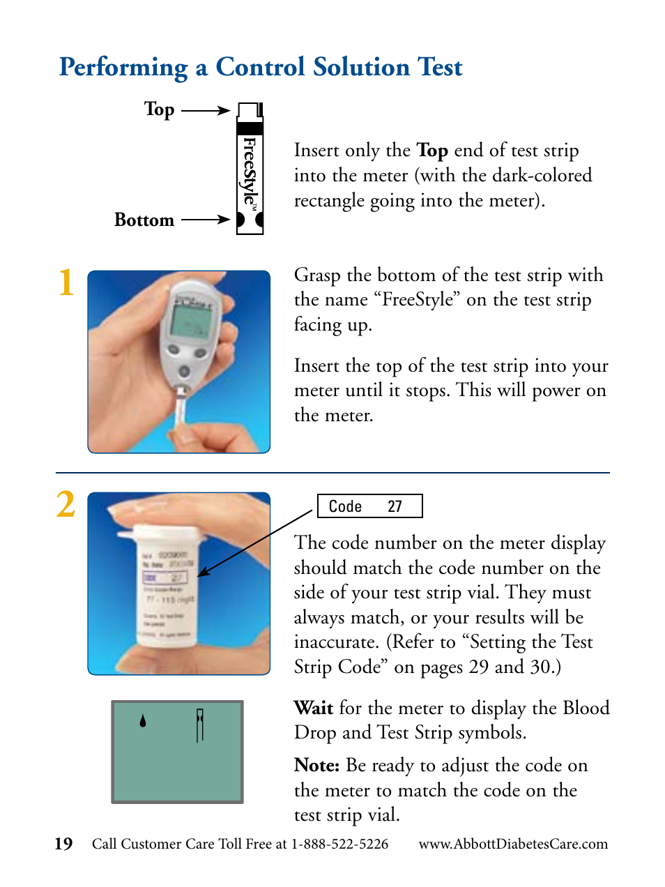 Performing a control solution test | Abbott Diabetes Care FreeStyle Flash Blood Glucose Monitor User Manual | Page 22 / 69