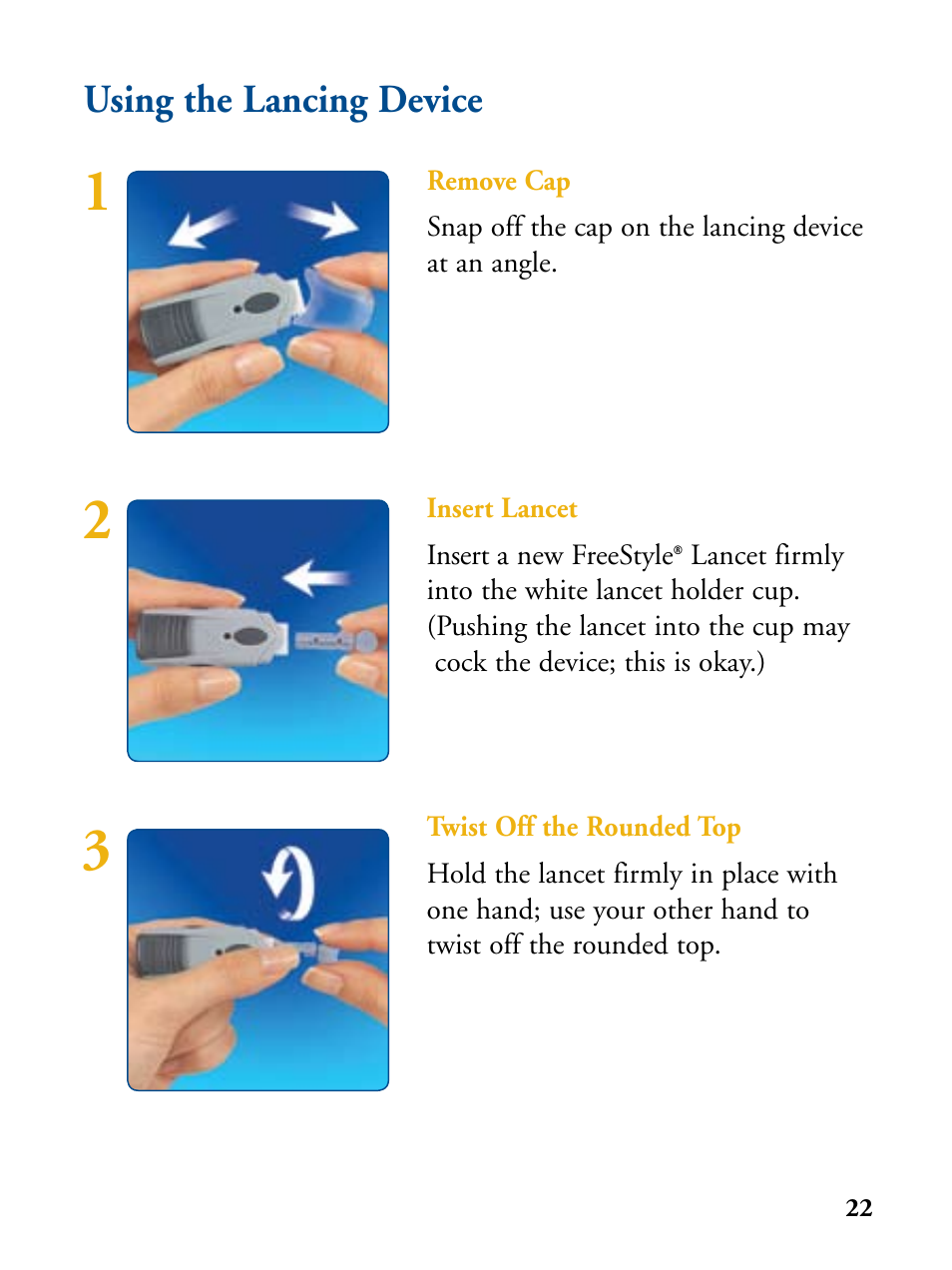 Using the lancing device | Abbott Diabetes Care FreeStyle Flash Blood Glucose Monitor User Manual | Page 25 / 69