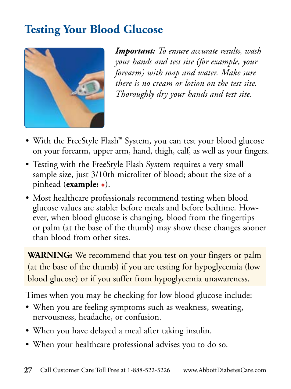 Testing your blood glucose | Abbott Diabetes Care FreeStyle Flash Blood Glucose Monitor User Manual | Page 30 / 69