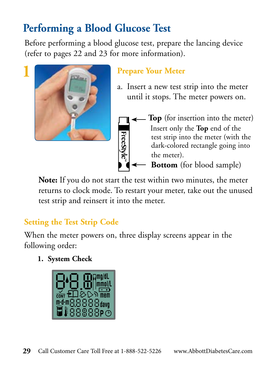 Performing a blood glucose test | Abbott Diabetes Care FreeStyle Flash Blood Glucose Monitor User Manual | Page 32 / 69