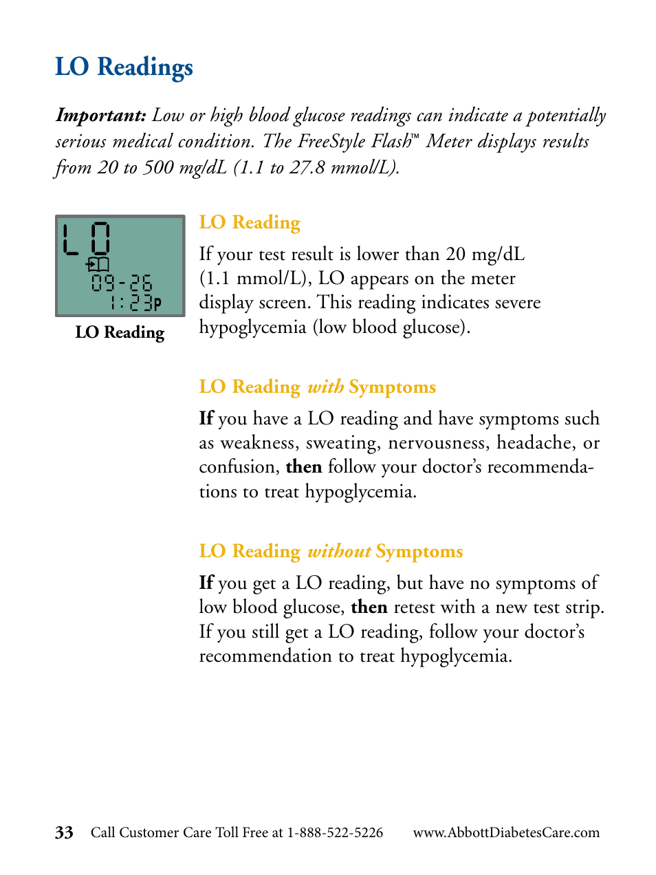 Lo readings | Abbott Diabetes Care FreeStyle Flash Blood Glucose Monitor User Manual | Page 36 / 69