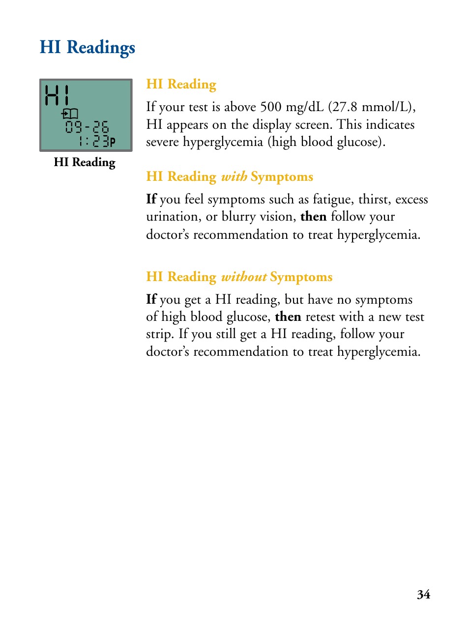 Hi readings | Abbott Diabetes Care FreeStyle Flash Blood Glucose Monitor User Manual | Page 37 / 69