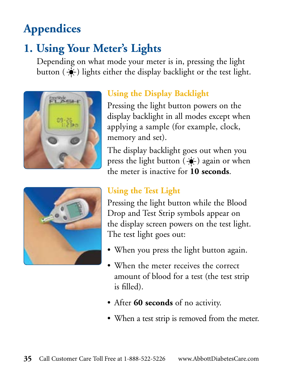 Appendices, Using your meter’s lights | Abbott Diabetes Care FreeStyle Flash Blood Glucose Monitor User Manual | Page 38 / 69