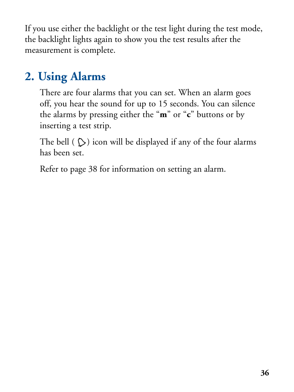 Using alarms | Abbott Diabetes Care FreeStyle Flash Blood Glucose Monitor User Manual | Page 39 / 69