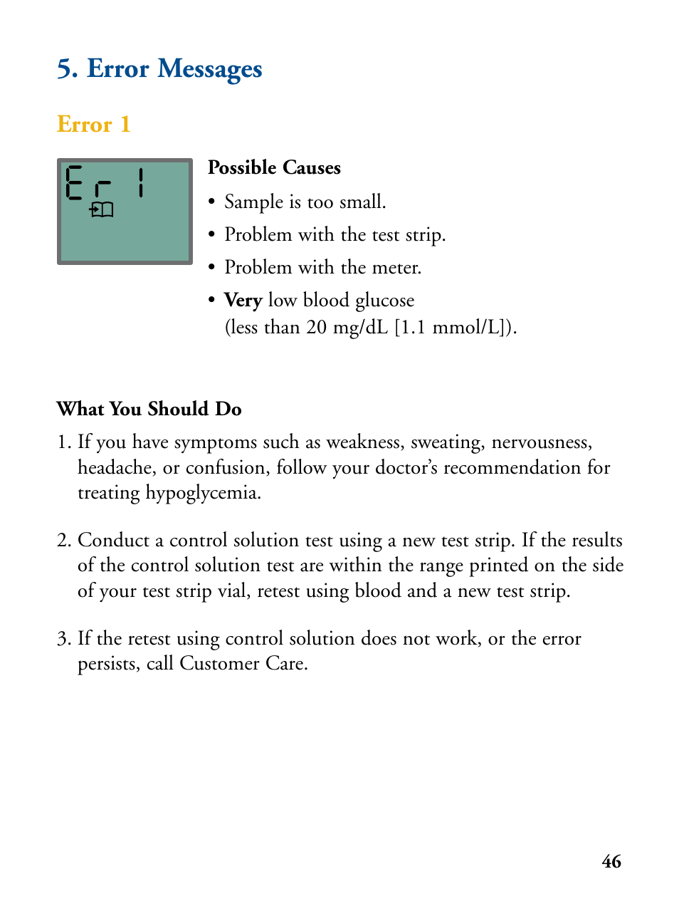 Error messages, Error 1 | Abbott Diabetes Care FreeStyle Flash Blood Glucose Monitor User Manual | Page 49 / 69