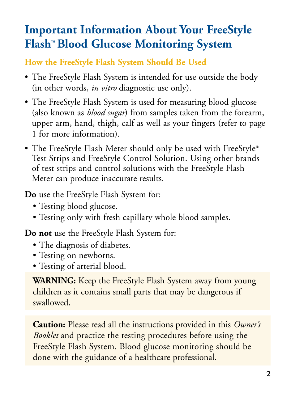 Important information about your freestyle flash, Blood glucose monitoring system | Abbott Diabetes Care FreeStyle Flash Blood Glucose Monitor User Manual | Page 5 / 69