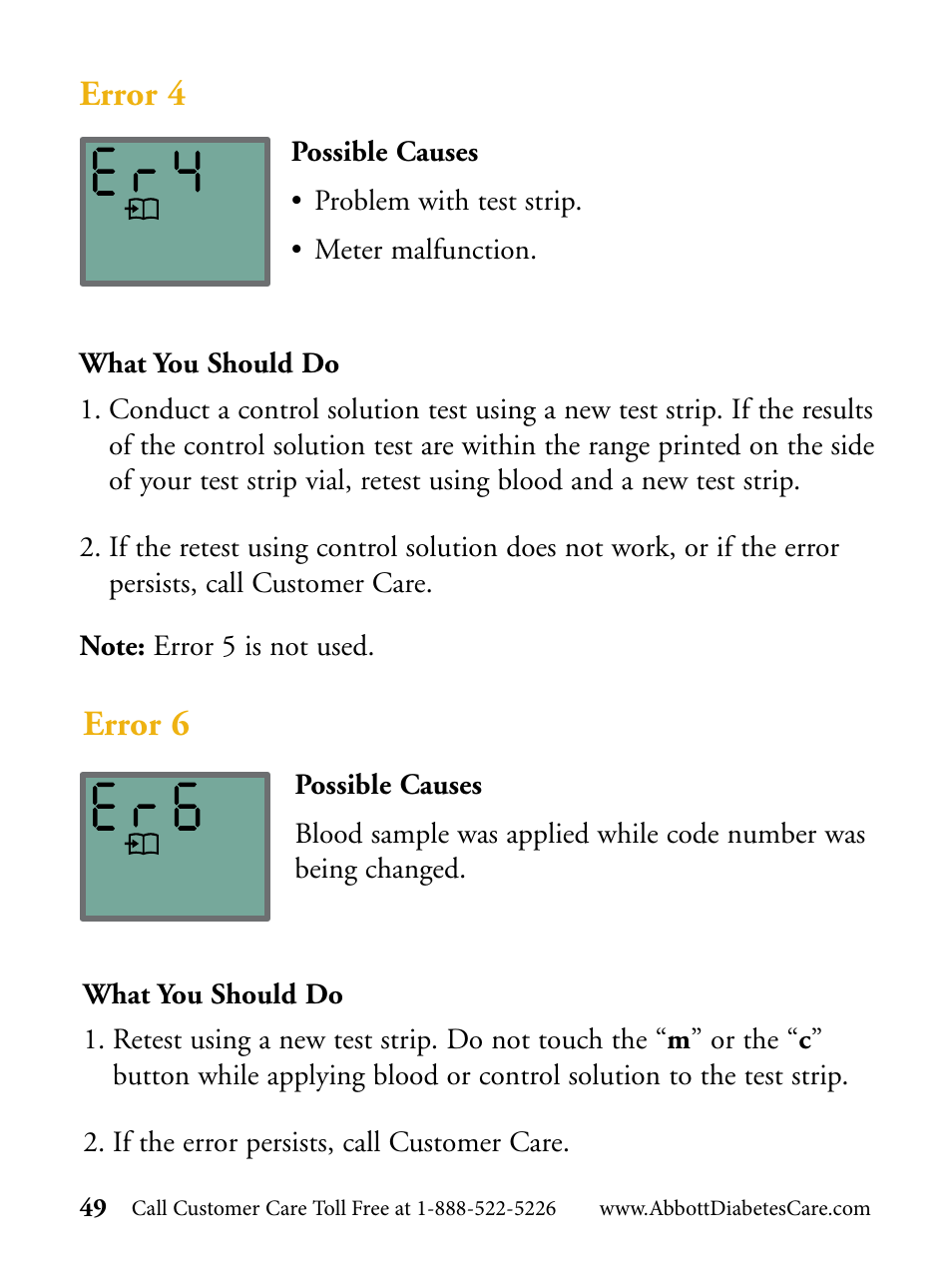 Error 4, Error 6 | Abbott Diabetes Care FreeStyle Flash Blood Glucose Monitor User Manual | Page 52 / 69