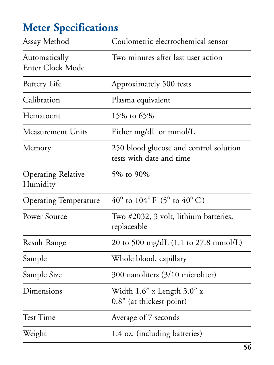 Meter specifications | Abbott Diabetes Care FreeStyle Flash Blood Glucose Monitor User Manual | Page 59 / 69