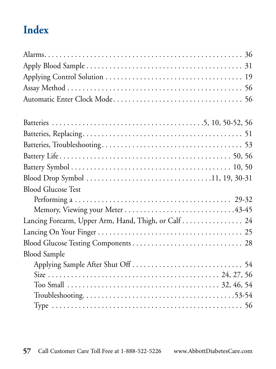 Index | Abbott Diabetes Care FreeStyle Flash Blood Glucose Monitor User Manual | Page 60 / 69